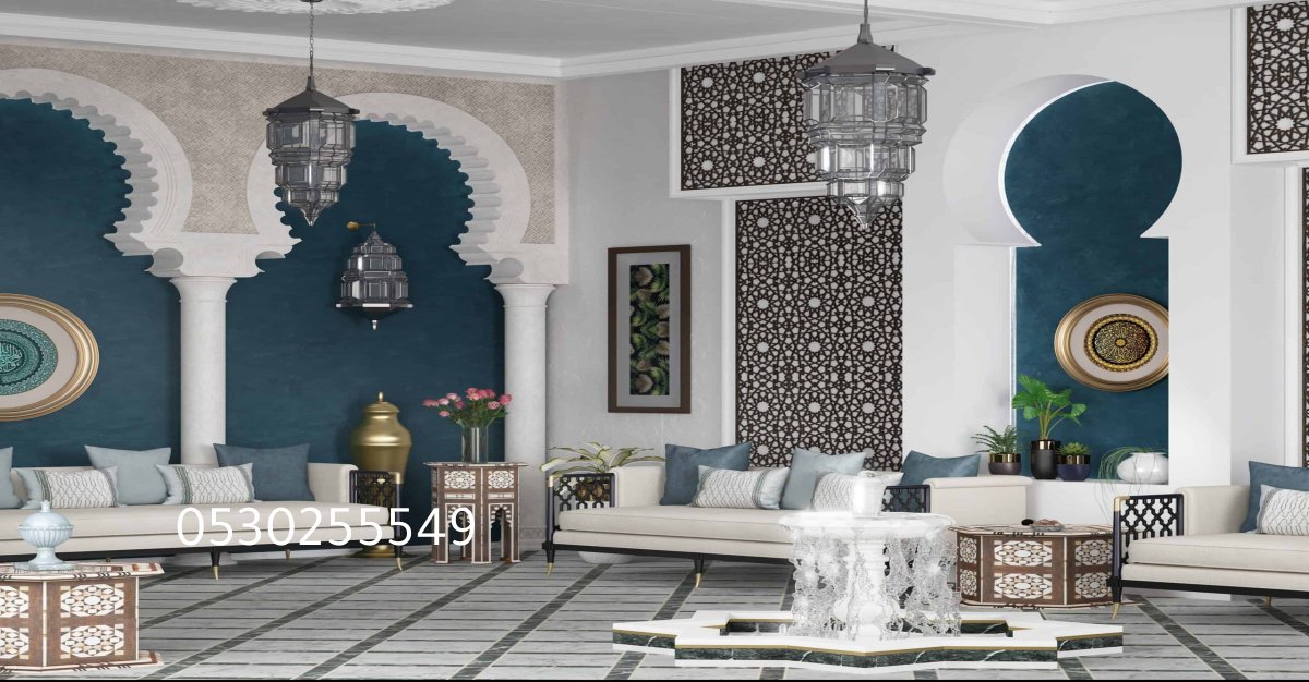 تفاصيل ديكورية من خشب وأحجار طبيعية في فيلا بالرياض.